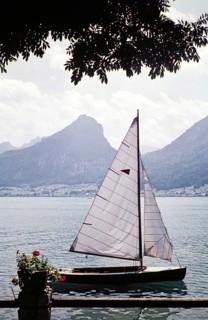 Sailing boat on Lake Wolfgangsee, St. Wolfgang im Salzkammergut Austria, Europe 1960