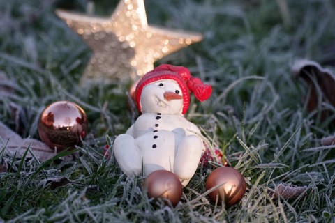 Decoration, Christmas, snowman, figure, funny, The grass is covered in frost. A small snowman