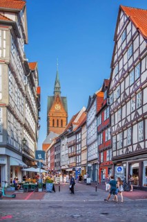 Kramerstrasse with half-timbered houses and market church in the old town, Hanover, Lower Saxony,