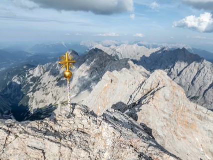 Summit cross, aerial view, Zugspitze, high mountains, Bavaria, Germany