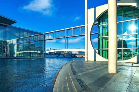 Spreebogen at the library of the German Bundestag with view of Paul-Löbe-Haus, Bundestag and