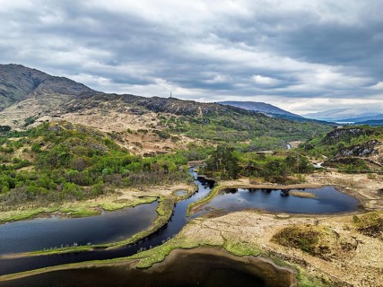 Callop River and Marshes from a drone, Loch Shiel, Glenfinnan, West Highland, Scotland, United