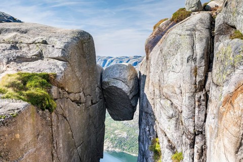 Kjeragbolten, trapped rock above the Lysefjord, Kjerag, Lysebotn, Rogaland, Norway