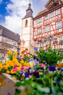 Colourful flowers in front of a half-timbered house and church tower in the lively town centre,