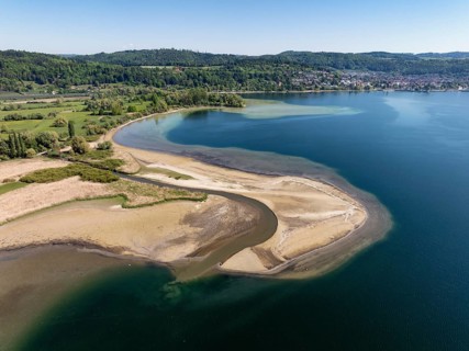 Aerial view of the mouth of the Stockacher Aach at low water, which flows into Lake Überlingen. The