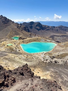 On the hiking trail of the Tongariro Alpine Crossing in Tongariro National Park with a view of the