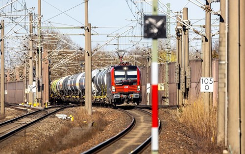 Goods train with Swiss locomotive passing through Baden-Baden station on the Rhine Valley line. SBB