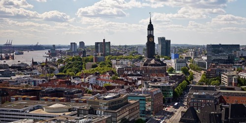 City view from above with the harbour and the main church St. Michaelis, called Michel, Hamburg,