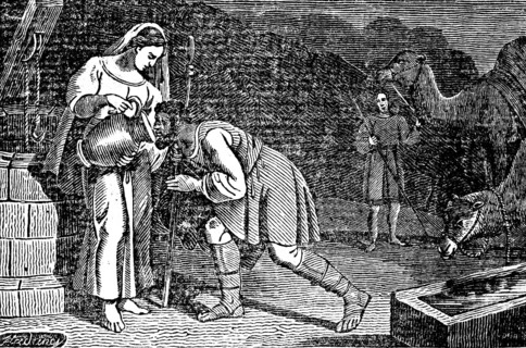 Rebekah fetches water from a well and gives the servant a drink, jug, camels, drinking trough,