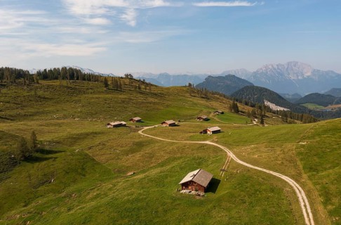 Drone shot, alpine hut on the Alpbichlalm, Osterhorn group, Salzkammergut, Salzburg province,