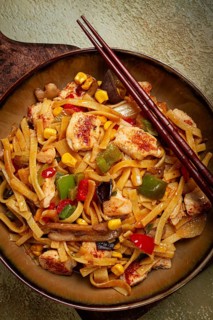Fried noodles with chicken meat and vegetables, Bami Goreng, Indonesian dish, no people