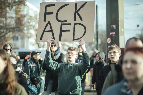 Protesters at a demonstration against the final rally of Beatrix von Storch and the AfD in the