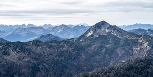 View of the foothills of the Mangfall mountains with summit Hinteres Sonnwendjoch, from the