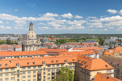 View from the tower of the Kreuzkirche to the historic city centre with the dome of the Church of