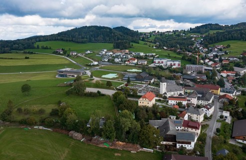 Drone image, view of the village with parish church, Grünbach near Freistadt, Mühlviertel, Upper