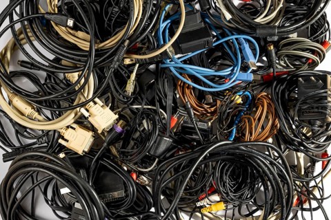 Different cables in different colours in a pile, cable clutter