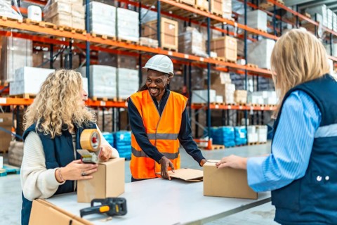 Three happy multi-ethnic workers preparing parcels to deliver in a warehouse