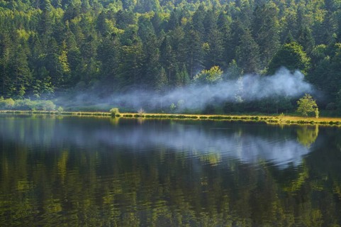 Lake Blanchemer with campfire smoke in summer, Lac de Blanchemer, La Bresse, Vosges, France