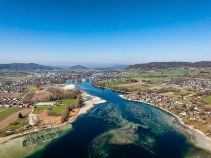 Aerial view of Lake Constance, at low tide, Untersee, also known as Lake Rhine, which flows into