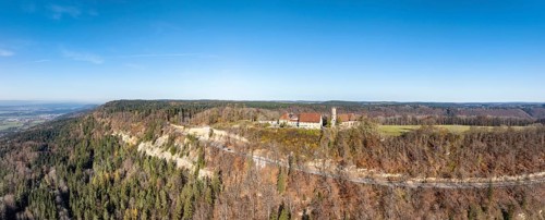 Aerial view, panorama of the 983 metre high Dreifaltigkeitsberg in the district of Spaichingen with