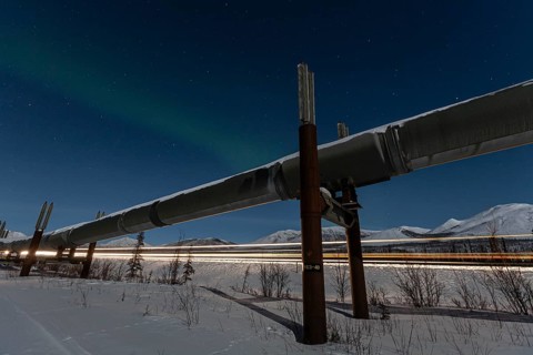 Oil production in the Arctic, Trans Alaska Pipeline, northern lights, night shot, winter, Dalton
