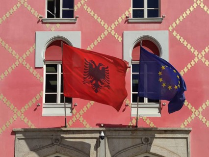 National flag Albania and European flag, Tirana, Albania, Balkans