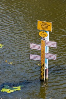 Water level gauge in the water, surrounded by reflecting river, Historical water level gauge,