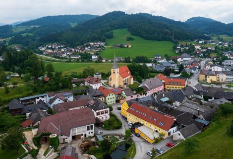 Drone image, view of the village, Waldhausen im Strudengau, Mühlviertel, Upper Austria, Austria