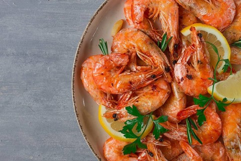 Fried with spices, King prawns, undivided, top view, selective focus, seafood, shrimp, no people