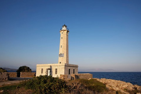 Octagonal lighthouse on the small island of Kranai in the evening light, Gythio or Gythion on the