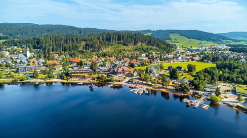 Aerial drone view of Lake Titisee in the Black Forest, Germany
