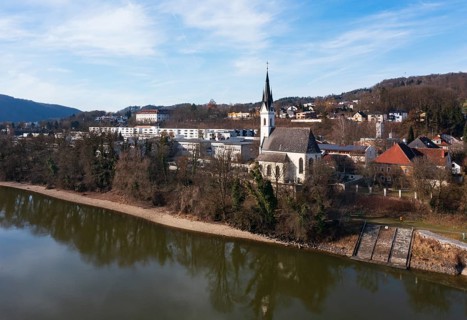 Drone image, housing estate, apartment blocks and high-rise estate, Puchenau, Linz Land district,