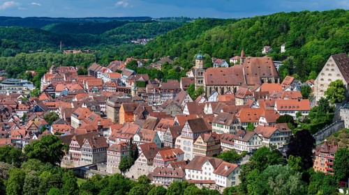 Town view of Schwäbisch Hall. View of the sights of the old town with the parish church of St