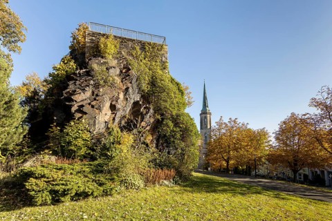 Castle rock with town church Zum Heiligen Kreuz, Falkenstein, Vogtland, Saxony, Germany