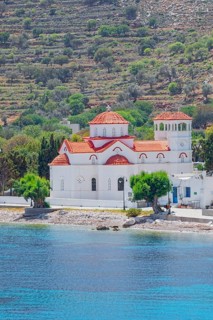 View of Agios Nikolaos Church, Livadia, Tilos Island, Dodecanese Islands, Greece
