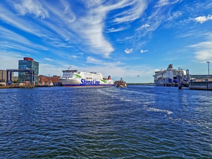 View of the terminals of the Stena Line Sweden ferry and the Color Line Norway ferry, Color