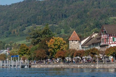Riverside promenade, Stein am Rhein, town gate, half-timbered houses, Canton Schaffhausen,
