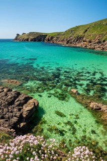 Coastal landscape. sandy beach beach and rocks in Nanjizal Bay or Nanjizal Beach. Beach carnations