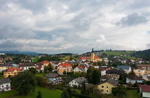 Drone image, view of village with parish church, Münzbach, Mühlviertel, Upper Austria, Austria
