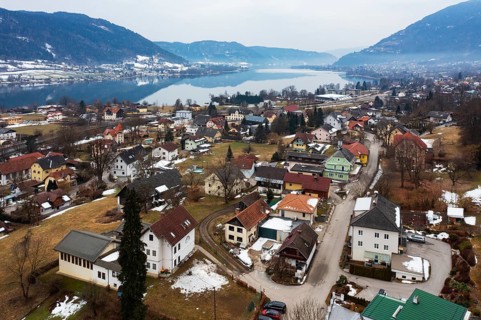 Drone image, residential buildings, view of the village, Steindorf am Lake Ossiach, Carinthia,