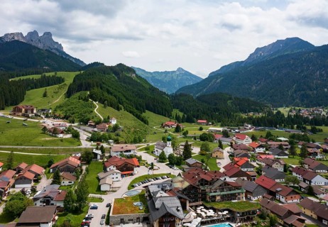 Drone image, view of the village, Grän, Tannheimer Tal, Reutte district, Tyrol, Austria