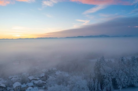 Loisach valley with Eurasburg, Schlossberg, winter at sunrise, drone shot, Upper Bavaria, Bavaria,
