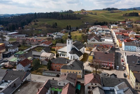 Drone image, view of the town, Lembach im Mühlkreis, Mühlviertel, Upper Austria, Austria
