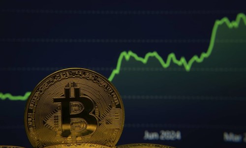 The golden Bitcoin gleams against the backdrop of a surging green line graph, symbolizing the