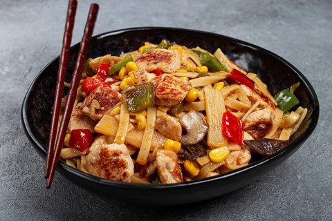 Fried noodles with chicken meat and vegetables, Bami Goreng, Indonesian dish, no people