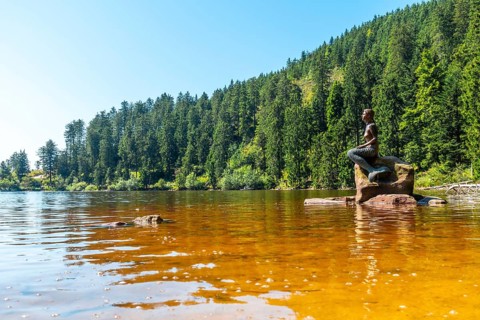 Beautiful landscape with the mermaid sculpture in summer at Mummel Lake or mummelsee, Black Forest,