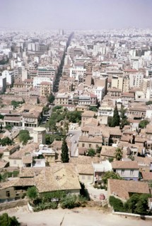 City view north of the city above the Roman Forum from the Acropolis, Monastiraki, Athens 1964 on
