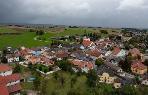 Drone image, view of the village, Mettmach, Innviertel, Upper Austria, Austria