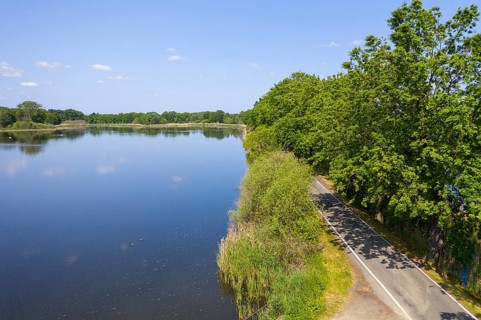 Aerial view of the field pond of the Döbra ponds, Biehla-Weißig pond area, Oßling, Saxony, Germany