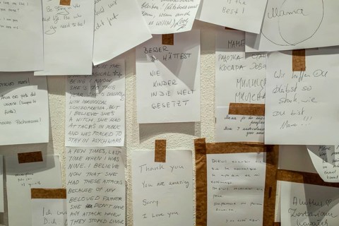 Gropius Bau Berlin, interior view, room with countless post it at the end of an exhibition, Berlin,